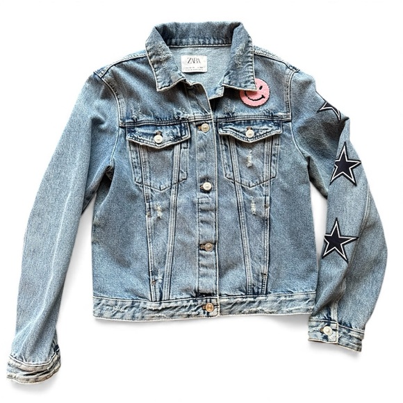 Zara Other - Zara  Blue Denim Jacket with Star Patches, size 13-14, like new